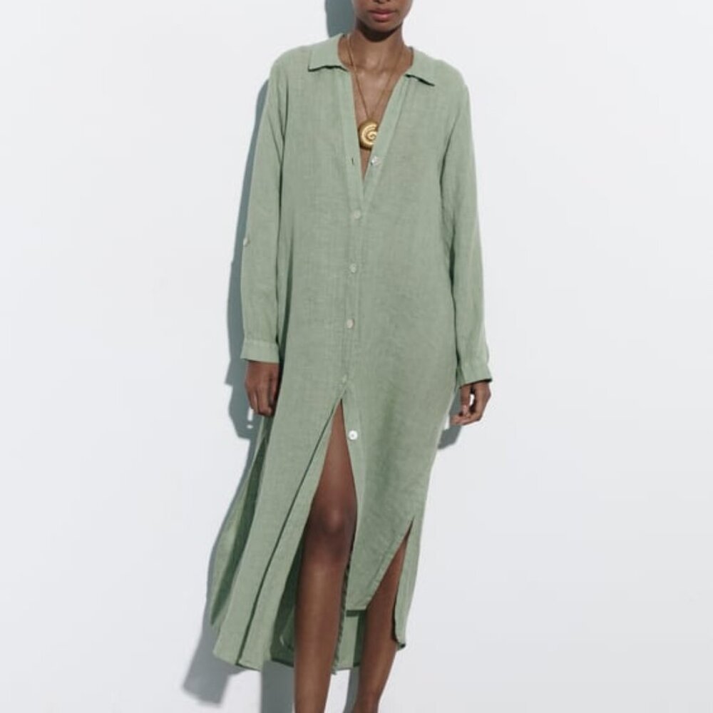 Zara Linen Shirtdress in Khaki Green in Size Medium